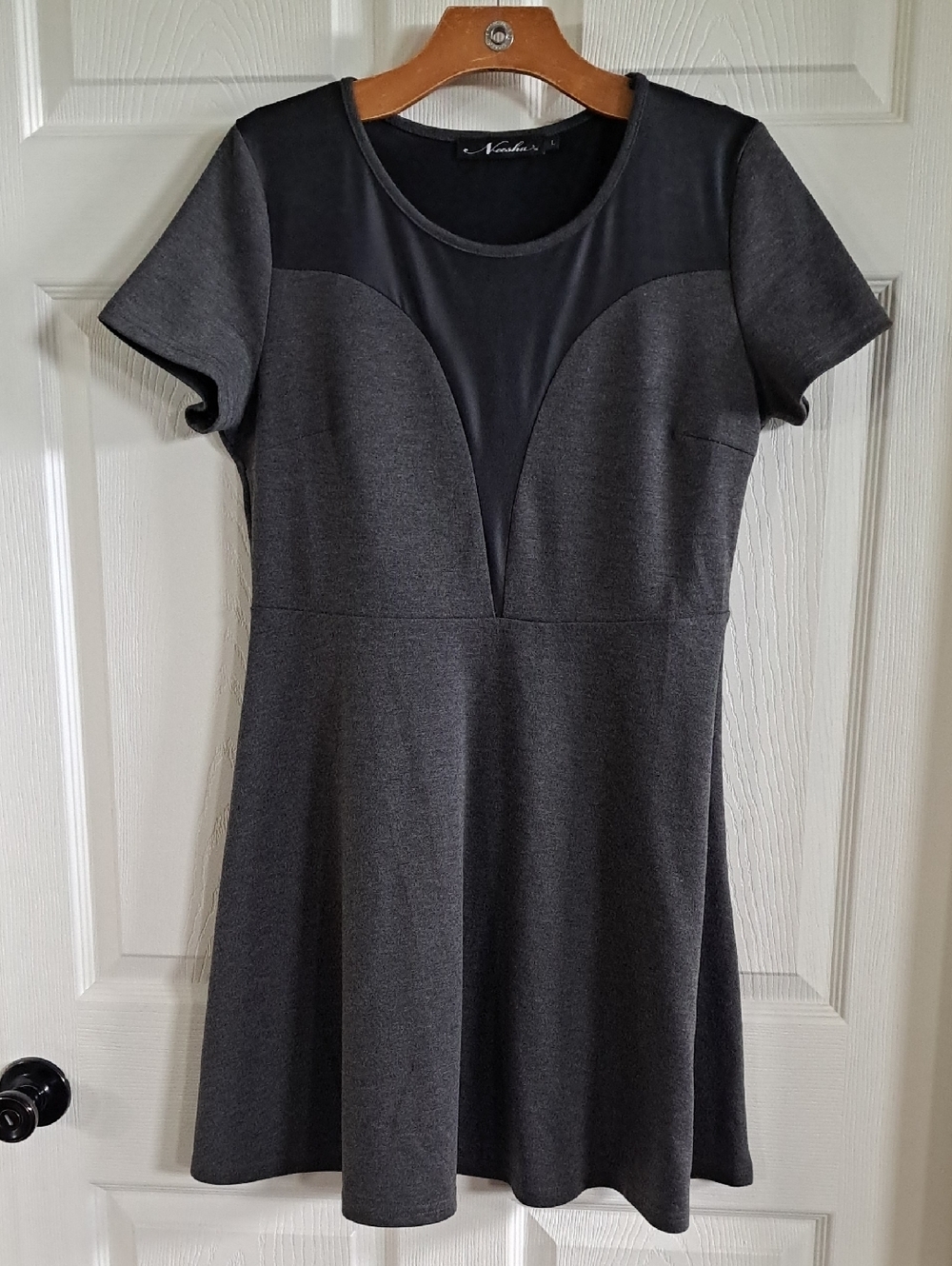 Neesha Aline Flare Gray Blk Stylish Stretch Dressy Dress Knee Length Sleeves